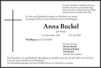 Traueranzeige von Anna Buckel von Rieser Nachrichten