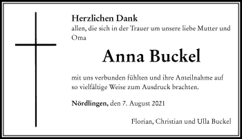 Traueranzeige von Anna Buckel von Rieser Nachrichten