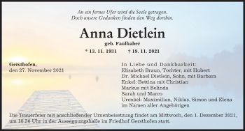 Traueranzeige von Anna Dietlein von Augsburger Allgemeine