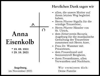 Traueranzeige von Anna Eisenkolb von Augsburger Allgemeine