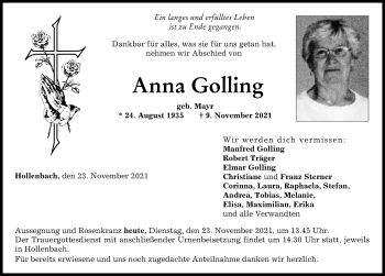 Traueranzeige von Anna Golling von Neuburger Rundschau