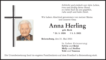 Traueranzeige von Anna Herling von Günzburger Zeitung