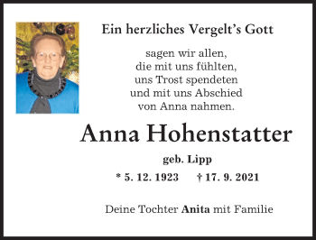 Traueranzeige von Anna Hohenstatter von Günzburger Zeitung