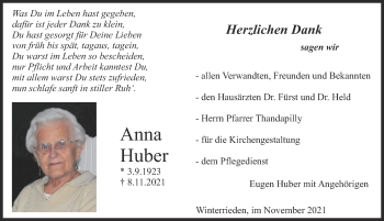 Traueranzeige von Anna Huber von Illertisser Zeitung