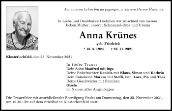 Traueranzeige von Anna Krünes von Schwabmünchner Allgemeine