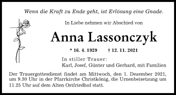 Traueranzeige von Anna Lassonczyk von Augsburger Allgemeine