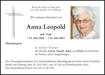 Traueranzeige von Anna Leopold von Schwabmünchner Allgemeine, Augsburg-Land