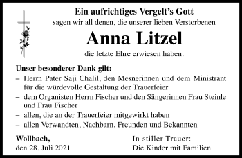 Traueranzeige von Anna Litzel von Augsburg-Land