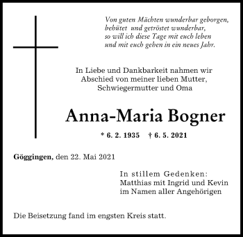 Traueranzeige von Anna-Maria Bogner von Augsburger Allgemeine