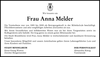 Traueranzeige von Anna Melder von Mindelheimer Zeitung