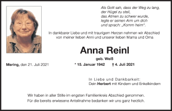 Traueranzeige von Anna Reinl von Friedberger Allgemeine