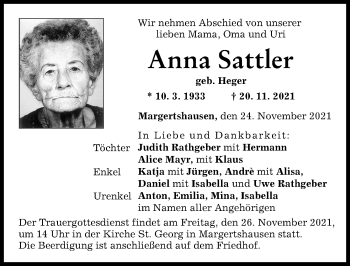 Traueranzeige von Anna Sattler von Augsburg-Land