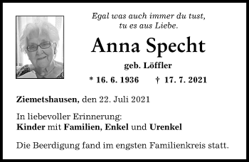Traueranzeige von Anna Specht von Mittelschwäbische Nachrichten