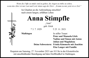 Traueranzeige von Anna Stimpfle von Rieser Nachrichten