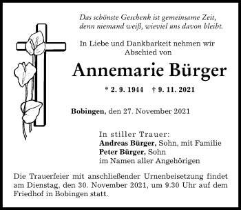 Traueranzeige von Annemarie Bürger von Schwabmünchner Allgemeine