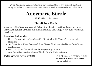 Traueranzeige von Annemarie Bürzle von Illertisser Zeitung