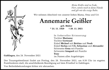 Traueranzeige von Annemarie Geißler von Augsburger Allgemeine