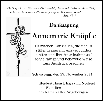 Traueranzeige von Annemarie Knöpfle von Mindelheimer Zeitung, Schwabmünchner Allgemeine