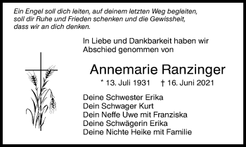 Traueranzeige von Annemarie Ranzinger von Augsburger Allgemeine