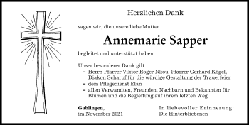 Traueranzeige von Annemarie Sapper von Augsburg-Land