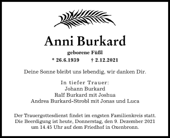Traueranzeige von Anni Burkard von Günzburger Zeitung
