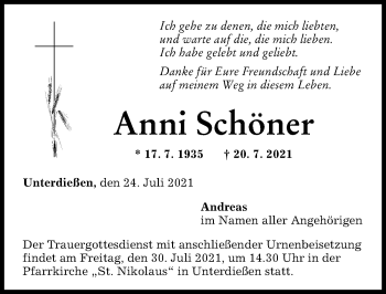 Traueranzeige von Anni Schöner von Landsberger Tagblatt