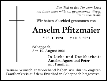 Traueranzeige von Anselm Pfitzmaier von Günzburger Zeitung