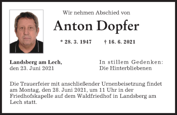 Traueranzeige von Anton Dopfer von Landsberger Tagblatt