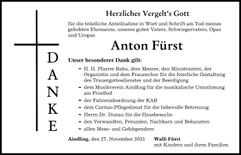 Traueranzeige von Anton Fürst von Aichacher Nachrichten