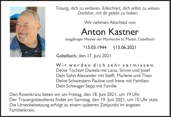 Traueranzeige von Anton Kastner von Augsburg-Land