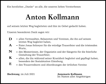Traueranzeige von Anton Kollmann von Günzburger Zeitung