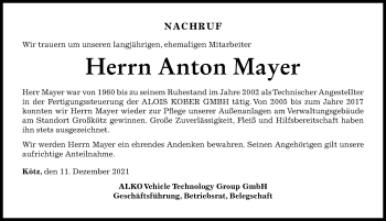 Traueranzeige von Anton Mayer von Günzburger Zeitung