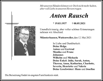 Traueranzeige von Anton Rausch von Mittelschwäbische Nachrichten