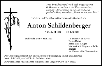 Traueranzeige von Anton Schildenberger von Rieser Nachrichten