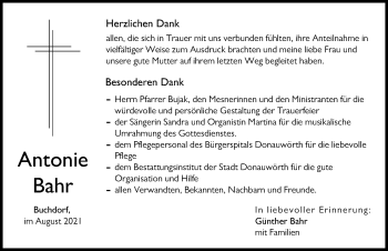 Traueranzeige von Antonie Bahr von Donauwörther Zeitung