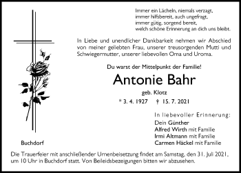 Traueranzeige von Antonie Bahr von Donauwörther Zeitung