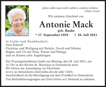 Traueranzeige von Antonie Mack von Illertisser Zeitung