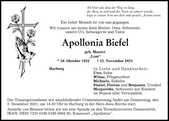 Traueranzeige von Apollonia Biefel von Donauwörther Zeitung