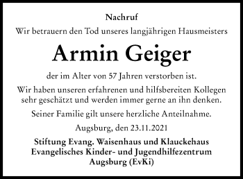 Traueranzeige von Armin Geiger von Augsburger Allgemeine