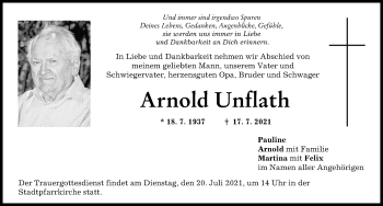 Traueranzeige von Arnold Unflath von Donauwörther Zeitung