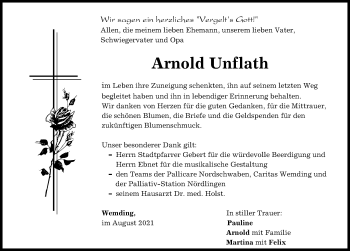 Traueranzeige von Arnold Unflath von Donauwörther Zeitung