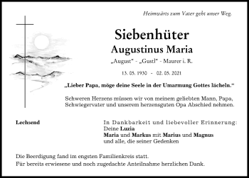 Traueranzeige von Augustinus Maria Siebenhüter von Donauwörther Zeitung