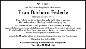 Traueranzeige von Barbara Federle von Donau Zeitung