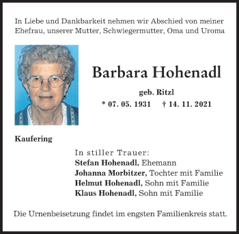Traueranzeige von Barbara Hohenadl von Landsberger Tagblatt