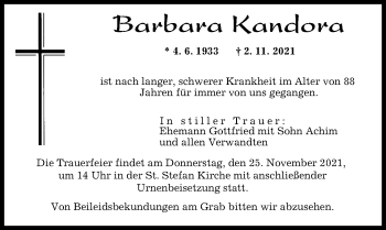 Traueranzeige von Barbara Kandora von Friedberger Allgemeine