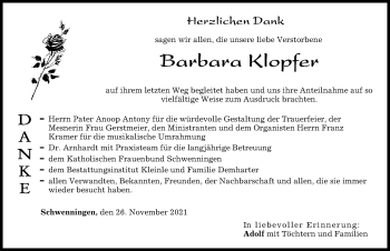 Traueranzeige von Barbara Klopfer von Donau Zeitung