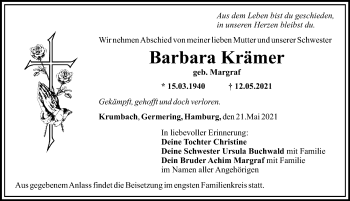 Traueranzeige von Barbara Krämer von Mittelschwäbische Nachrichten