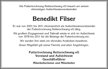 Traueranzeige von Benedikt Filser von Mindelheimer Zeitung