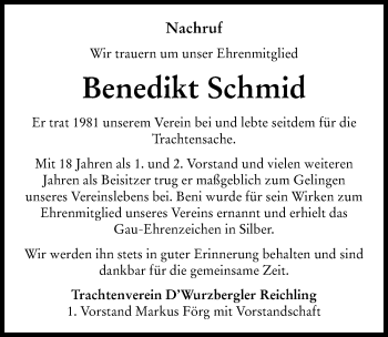 Traueranzeige von Benedikt Schmid von Landsberger Tagblatt
