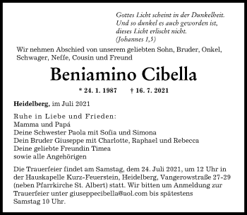 Traueranzeige von Beniamino Cibella von Augsburg-Land